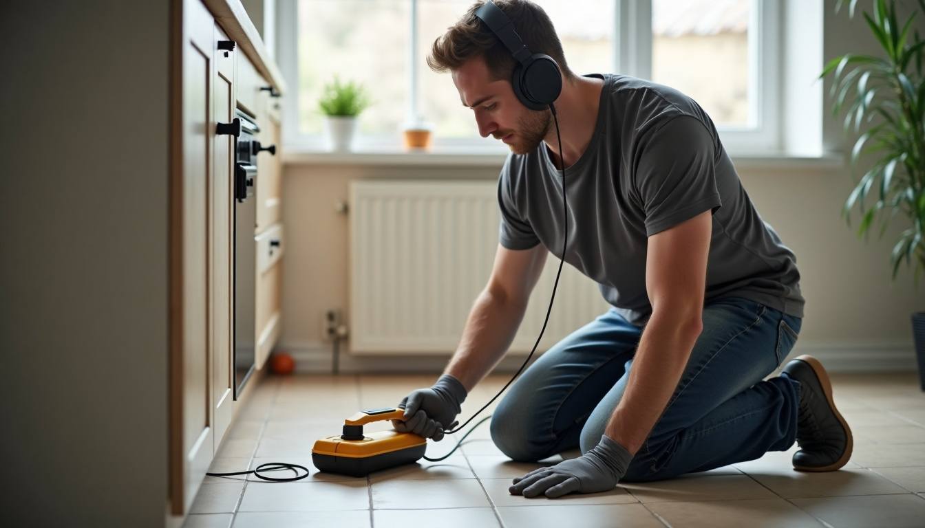 Plumber listening for a hidden leak under a tile floor