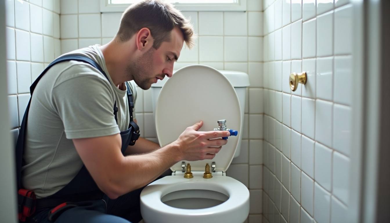 Plumber replacing a toilet fill valve